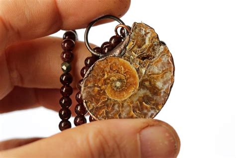 Ammonite Necklace - Fossil Jewelry - Garnet Jewelry - Large Stone ...