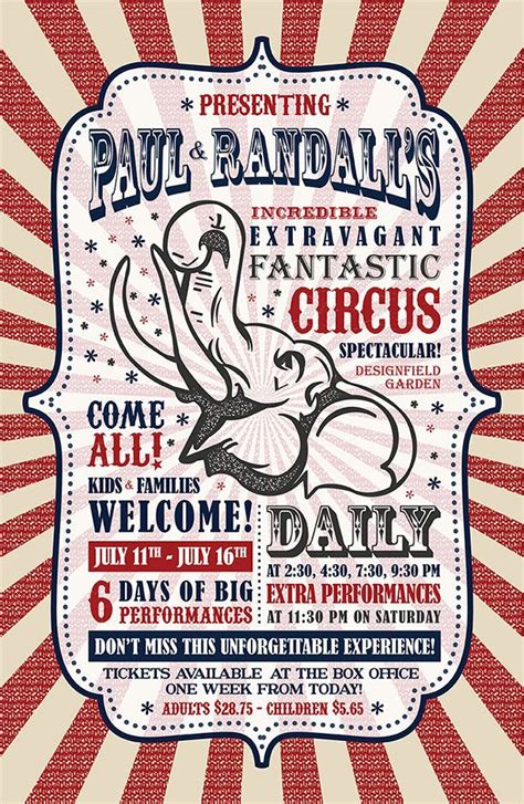 the poster for paul radnall's circus is shown in red, white and blue