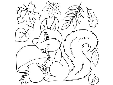 Ardilla comiendo Hongos con Hojas en Otoño para colorear, imprimir e dibujar –ColoringOnly.Com