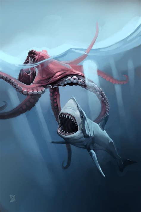 Mega tiburón vs. Pulpo gigante por sebtuch | Mega shark, Sea creatures drawing, Octopus