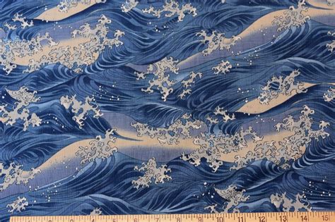 Gorgeous Waves Like Hokusai's Famous Great Wave Print on Japanese Cotton Dobby - Beautiful Textiles