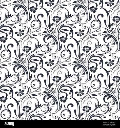 Black filigree floral pattern. Black and white seamless background ...