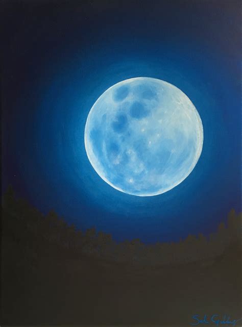 Blue Moon Painting, Celestial Art, Glowing Moon Wall Art, Bright Moon, Night Sky, Lunar Painting ...