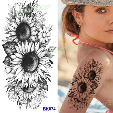 Sunflower Tattoo Rose Black Sketch Flower Dragonfly Abstract Graphics Figure Pistol Body Waist ...