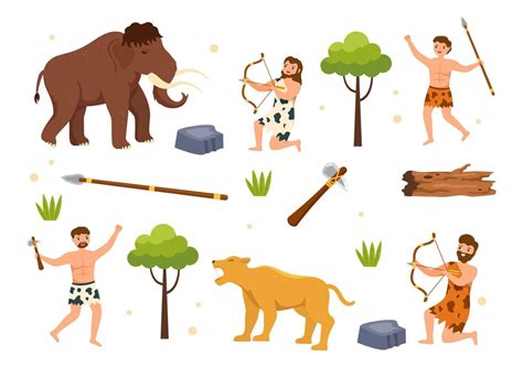 Prehistoric Stone Age Tribes Hunting Large Animals with Weapon in Flat Cartoon Hand Drawing ...