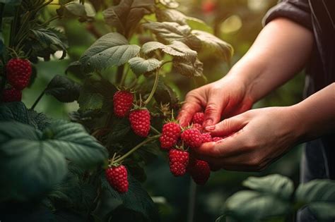 Premium AI Image | Female hands caring for raspberry bushes during harvesting