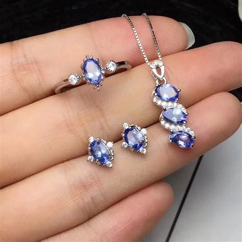 Free Shipping Natural Tanzanite jewelry set Natural Real Tanzanite 925 sterling silver 1pc ...