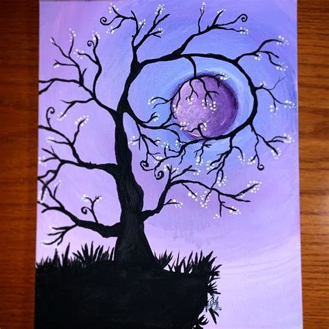 Twilight tree and moon | Art tutorials, Painting, Artwork