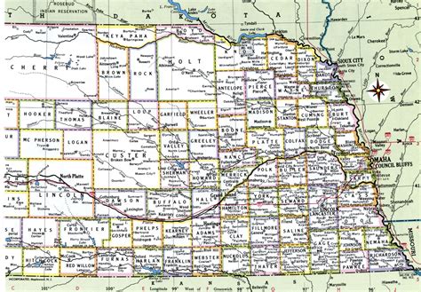 Free map of Nebraska showing counties with names and cities, road highways