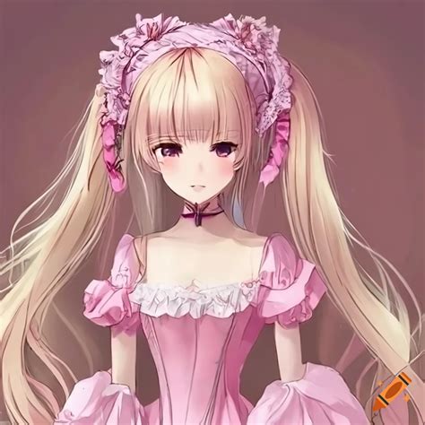 Anime girl in a pink victorian dress with long blond hair on Craiyon