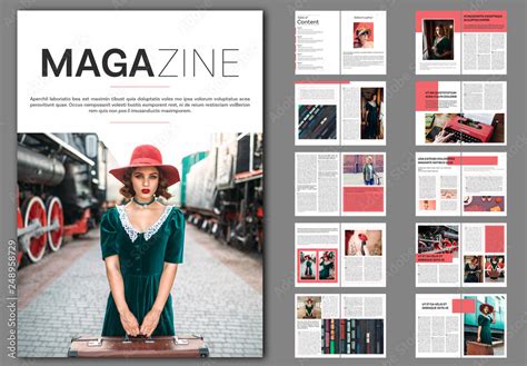 Magazine Layout with Red Accents Stock Template | Adobe Stock