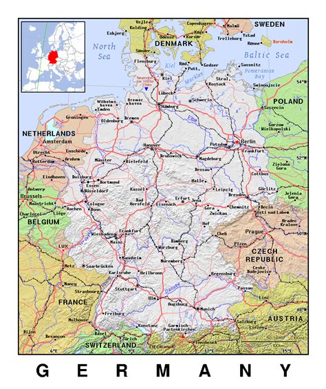 Detailed political map of Germany with relief | Germany | Europe | Mapsland | Maps of the World