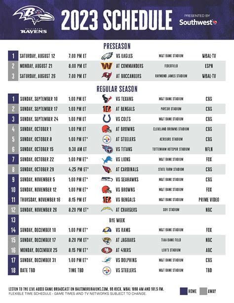 Baltimore Ravens 2023 Season - Printable Schedule | Maryland Stadium Authority