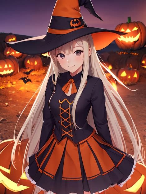 Premium AI Image | Cute witch girl on halloween night anime art for mobile wallpaper