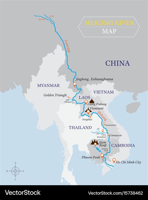 Mekong river map with country and city location Vector Image