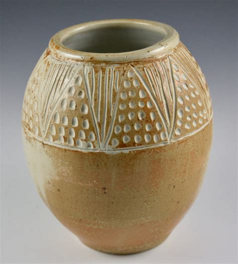 Rustic Carved Vase geometric colored slip celadon hand made salt fired wheel thrown ceramic clay ...