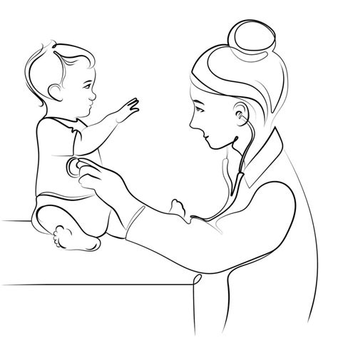 Female doctor with a stethoscope examining a toddler Line art drawing vector illustration ...