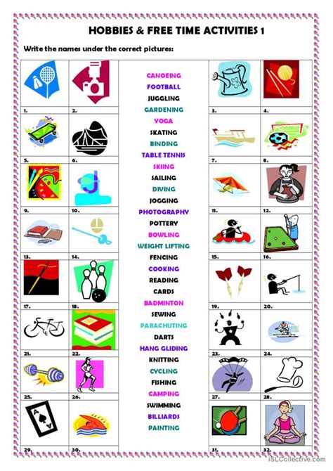 Hobbies & free time activities 1 voc…: English ESL worksheets pdf & doc