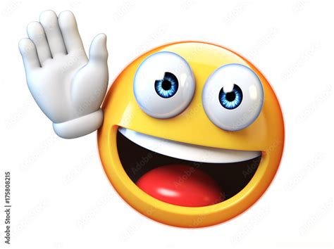 Emoji waving with one hand isolated on white background, good bye emoticon 3d rendering ...