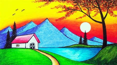 How to Draw Beautiful Sunset and Mountain Lake Scenery Drawing for Beginners