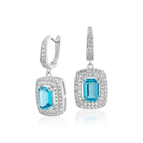 Swiss Blue Topaz and White Topaz Double Halo Drop Earrings in Sterling Silver (7x5mm) | Blue Nile