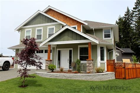 Exterior colour palette with green vinyl siding, cedar shingles and Cloud White trim by Kylie M ...