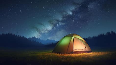 Camping tent in the forest at night with starry sky and milky way ...