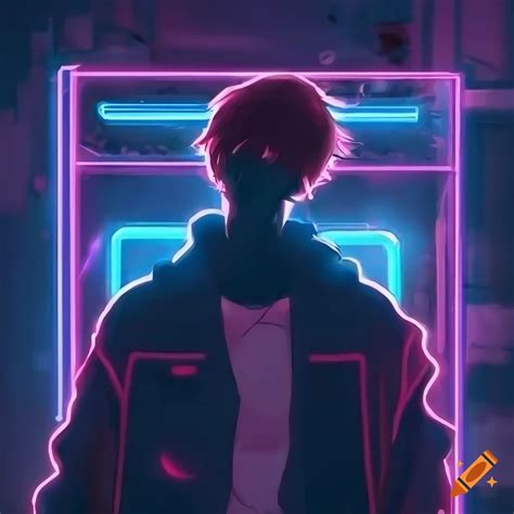 Neon lights anime-style wallpaper of a young man in street clothes on Craiyon