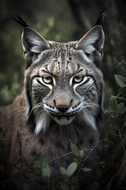 Premium AI Image | A close up of a lynx's face with green leaves in the background.