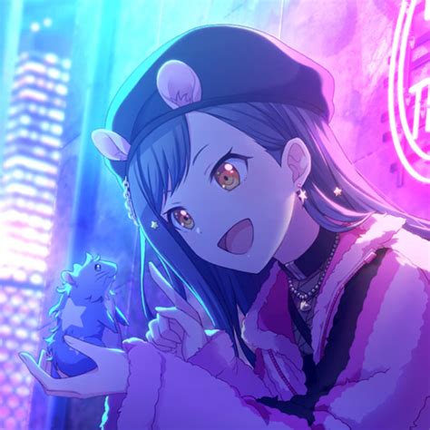 an anime character holding a cat in front of a neon sign with buildings behind her