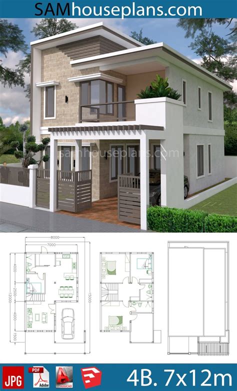 House Plans 7x12m with 4 Bedrooms Plot 8x15 - Sam House Plans ...