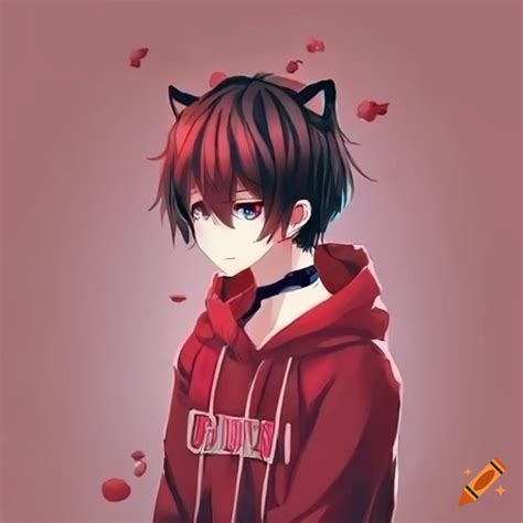 An anime boy with red hoodie, cat accessories and unique hairstyle on Craiyon