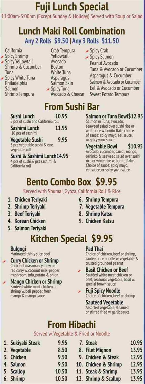 Fuji Hibachi & Asian Bistro Menu, Bennington, VT