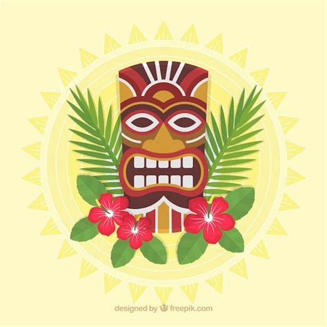 Free Vector | Tiki mask background with flowers and palm leaves