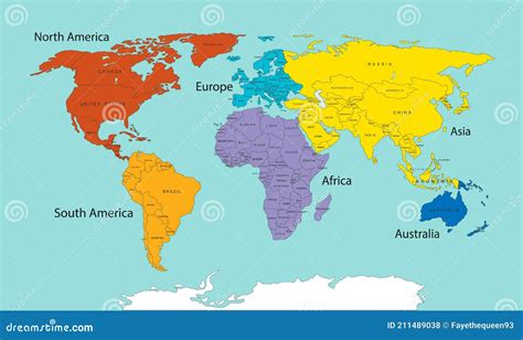 Mapa Del Mundo Dividido En Seis Continentes En Diferentes Colores. Ilustración del Vector ...