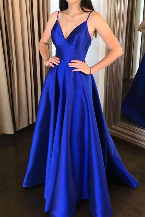 Royal Blue Satin Long Prom Dresses With Pockets Open Back FD2094 ...