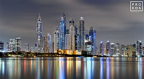 Panoramic Skyline of Dubai Marina at Night - High-Definition Art Photo - PROKOS