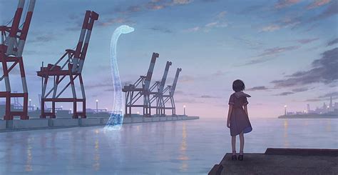 Online crop | HD wallpaper: Anime, Original, Cloud, Dinosaur, Evening, Girl, Harbor, Sea ...