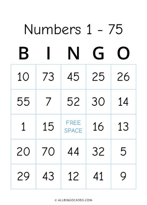 1 - 75 number bingo game cards