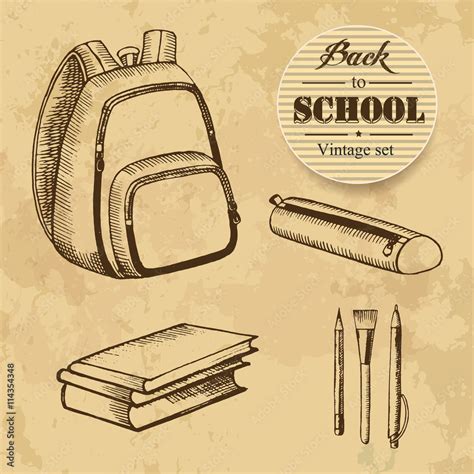 Back to school. Backpack, pencil case, pen, pencil, brush and books on a vintage background ...