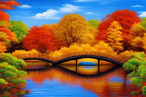 Autumn Country Bridge and River Painting · Creative Fabrica