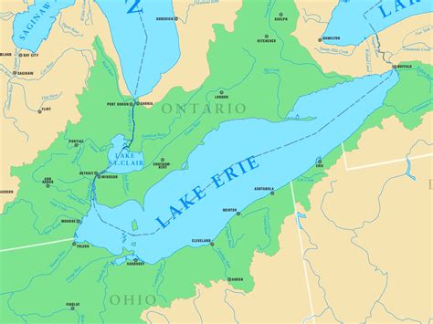 Map of Lake Erie with cities and rivers