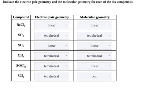 Solved Indicate the electron pair geometry and the molecular | Chegg.com