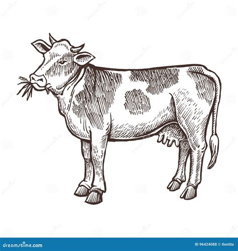 Cow Farm Animal Sketch, Isolated Cow on the White Background. Vintage ...