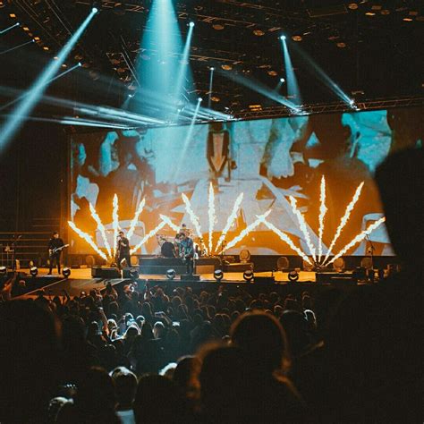 a concert scene with people on stage and lights