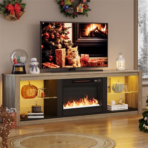 Bestier 75inch TV Stand with Electric Fireplace, LED Light, Farmhouse Entertainment Center in ...