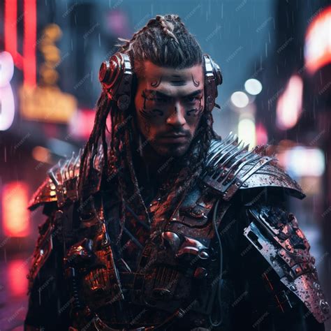 Premium AI Image | shot of samurai Cyberpunk samurai surrounded by city neon lighting