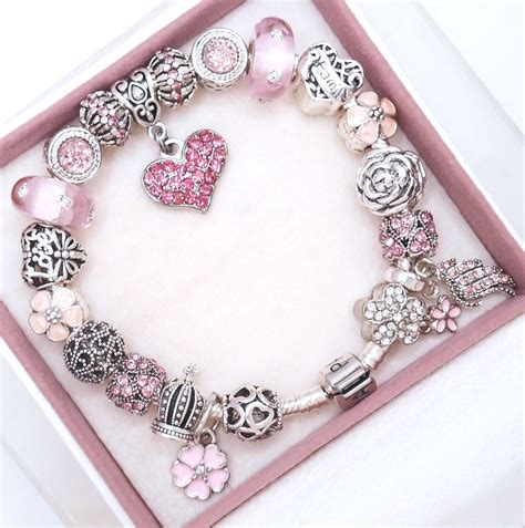 PANDORA SILVER CHARM BRACELET WITH PINK CRYSTAL HEART LOVE FAMILY ...