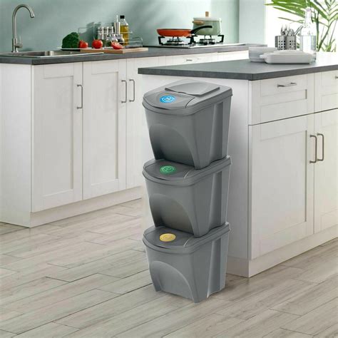 3 x 25L Recycle Bins Stackable Food Kitchen Waste Recycling Lids Sorting Dustb