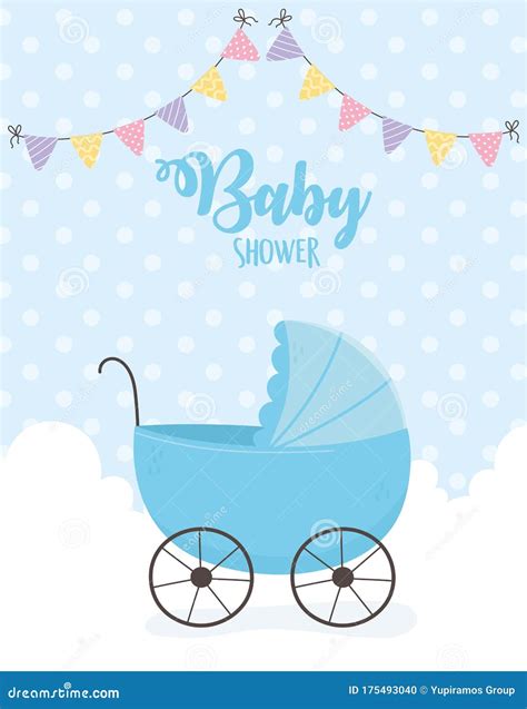 Baby Shower, Blue Pram Clouds Pennants Dotted Background Stock Vector - Illustration of clouds ...